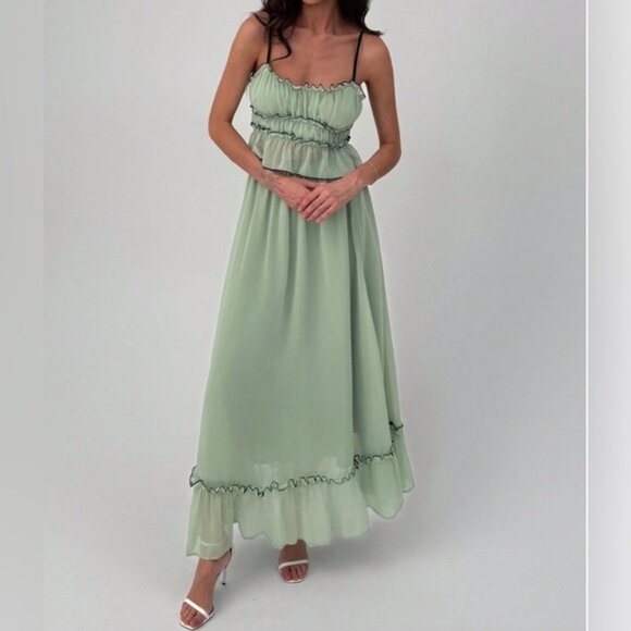 Contrast Trim Textured Camisole Top And Contrast Hem Flared Skirt Set Green - Picture 1 of 9